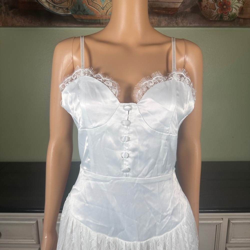Cider White Satin Lace Corset Bustier Midi Dress Romantic Coquette - Picture 2 of 8